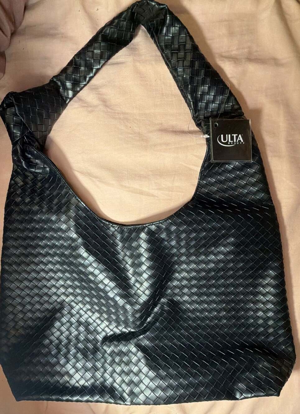Ulta Beauty Black Woven Vegan Leather Shoulder Bag with Knot